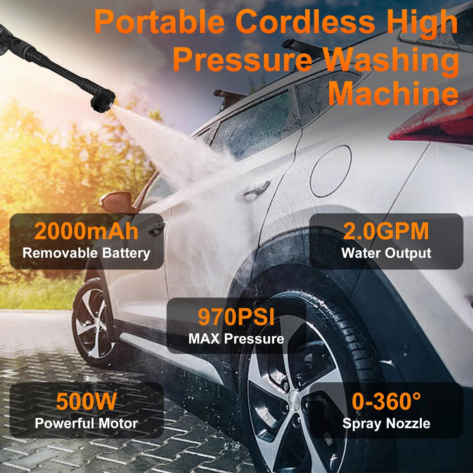 Cordless Pressure Washer, 970PSI Portable Pressure Washer, High Power Handheld Washer with 6-In-1 Adjustable Nozzle, 24V 2000 Mah Battery for Car, Floor, Garden