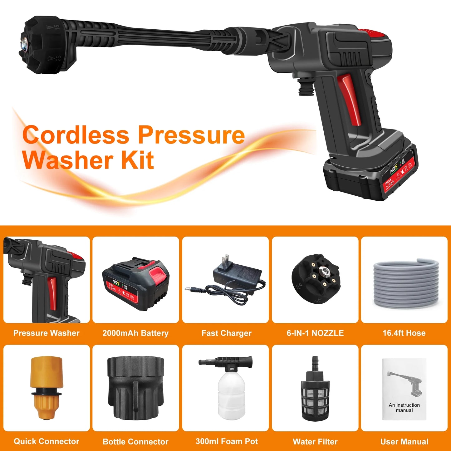 Cordless Pressure Washer, 970PSI Portable Pressure Washer, High Power Handheld Washer with 6-In-1 Adjustable Nozzle, 24V 2000 Mah Battery for Car, Floor, Garden