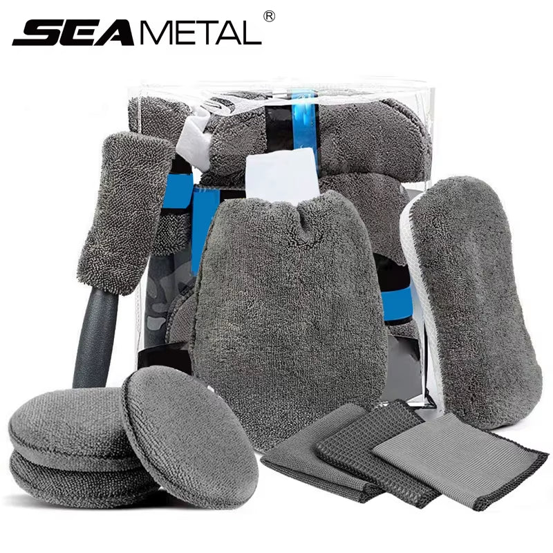 SEAMETAL 9Pcs Car Wash Cleaning Kits Microfiber Towels Blush Sponge Wash Glove Polish Care Applicator Pads Car Wash Accessories