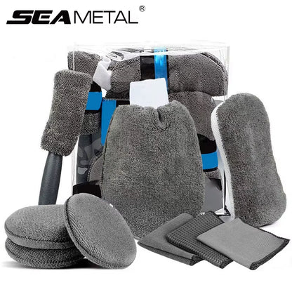 SEAMETAL 9Pcs Car Wash Cleaning Kits Microfiber Towels Blush Sponge Wash Glove Polish Care Applicator Pads Car Wash Accessories